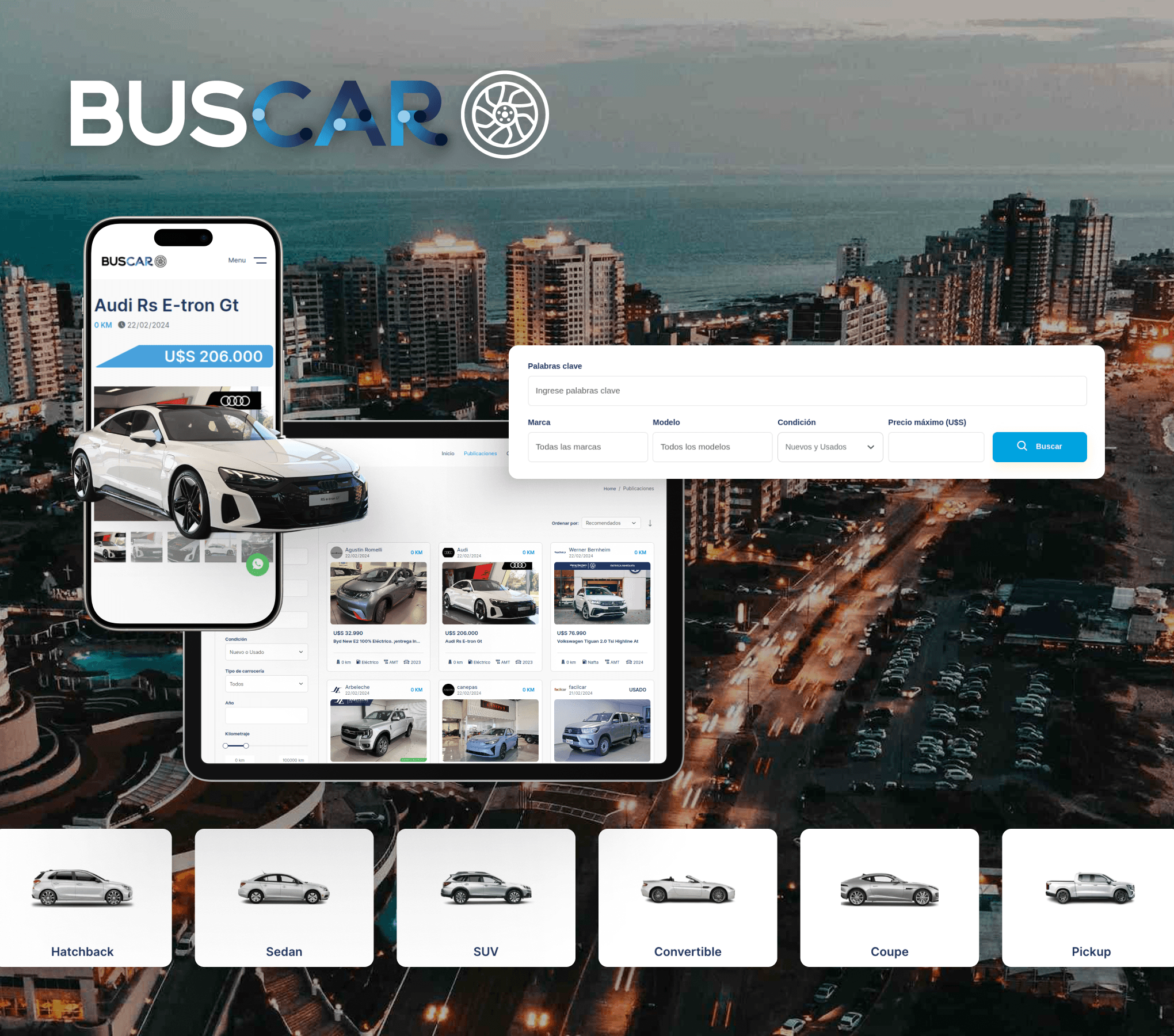 BUSCARS automobile marketplace showing mobile and desktop interfaces with car listings and search filters