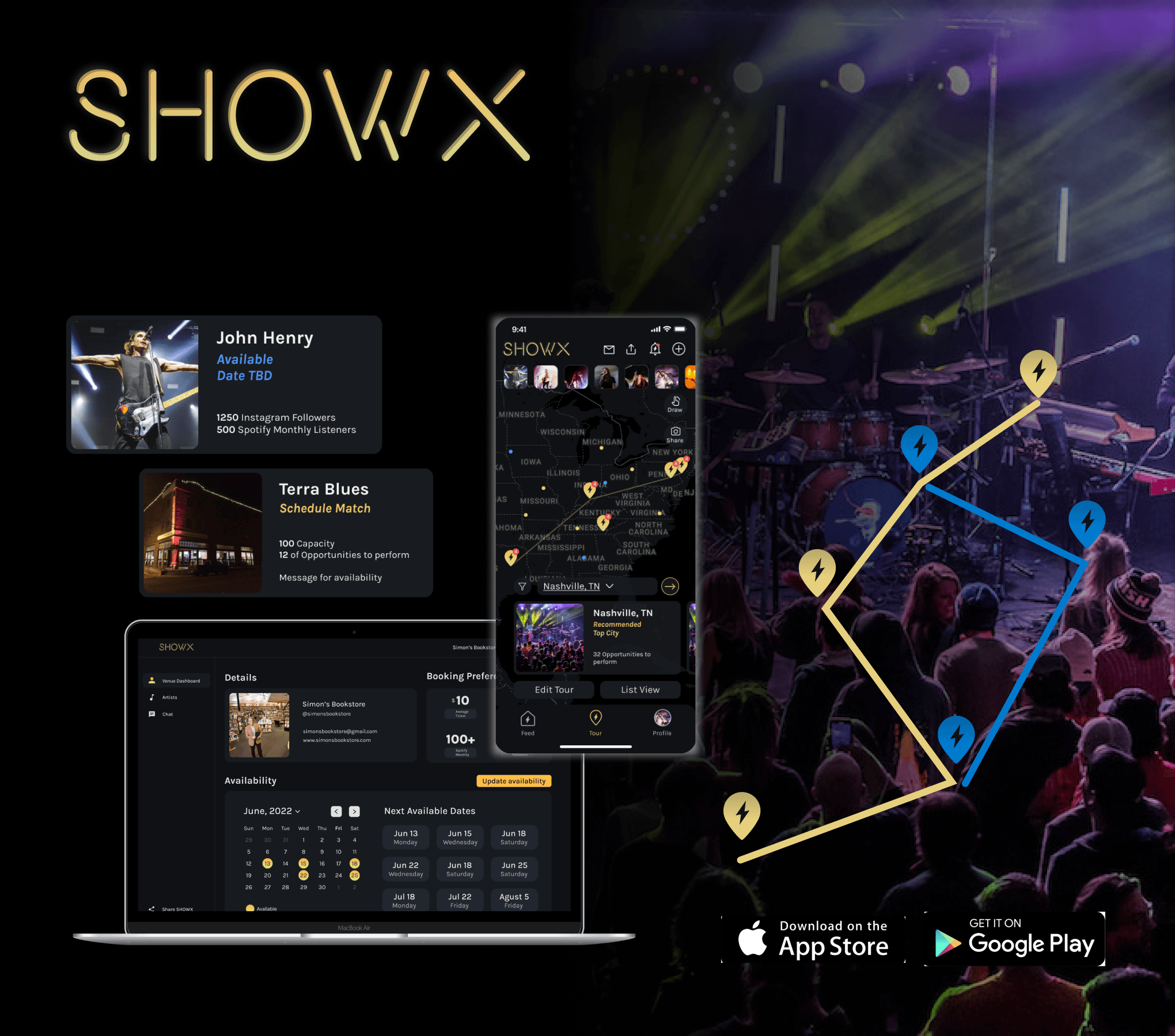 SHOWX concert tour scheduling platform showing artist profiles, venue matching, and tour route planning